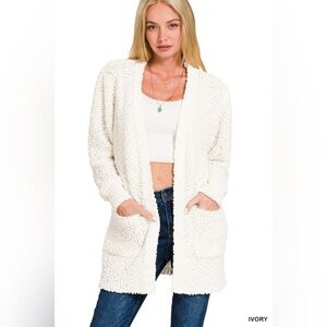Zenana Long Sleeve Popcorn Sweater Cardigan with Pockets
